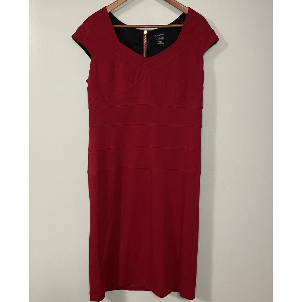 J.Peterman Sheath Dress Womens 12 Red Bandage Stretch Cap Sleeve Slim Fit Mini